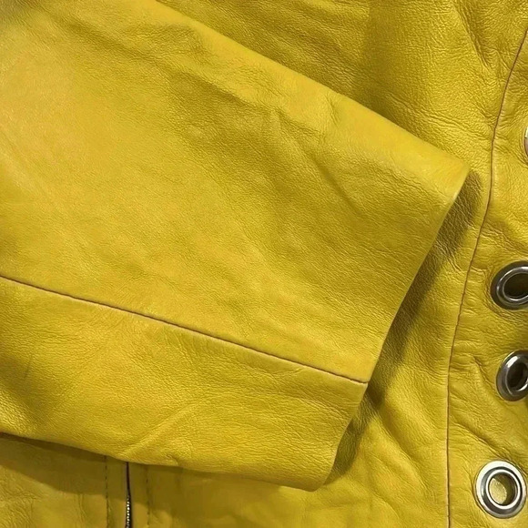 [M]Vintage  PLONGE Yellow Leather Cropped Women Jacket with Eyelet around Waist - Picture 4 of 13